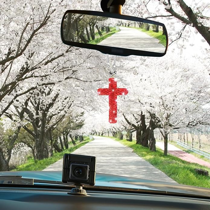 Bling Car Rear View Mirror Accessories Hanging Pendant,Cross Crystal Rhinestone For Car Mirror Hanging,Double-Sided Cross Diamond Religious,Interior Men Women Car Accessories