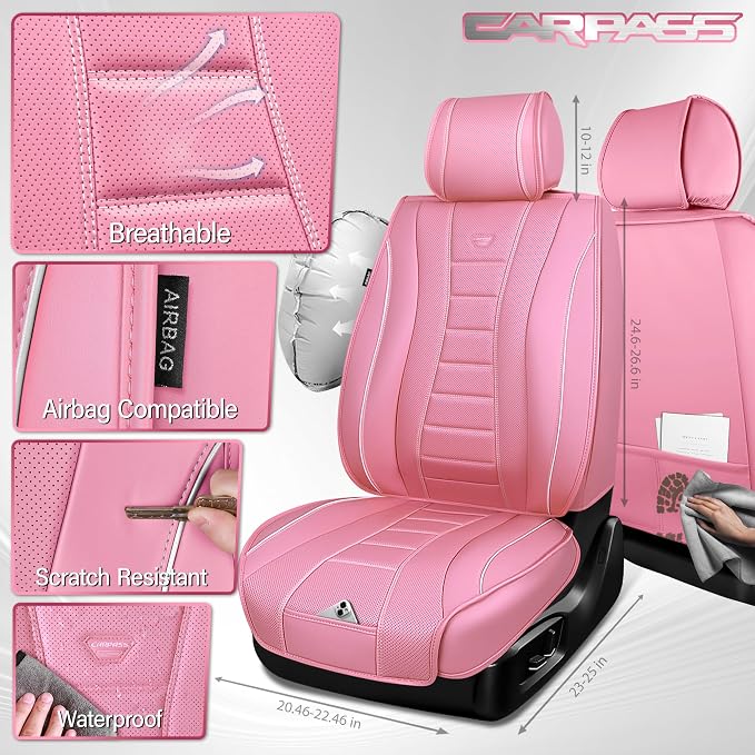 CAR PASS Nappa Leather Car Seat Covers Full Set, Pink Seat Covers, 3D Foam | Luxury Waterproof Universal FIT Piping Leather Car seat Cover Full Set, 3D Foam Breath Perforated leather seat covers