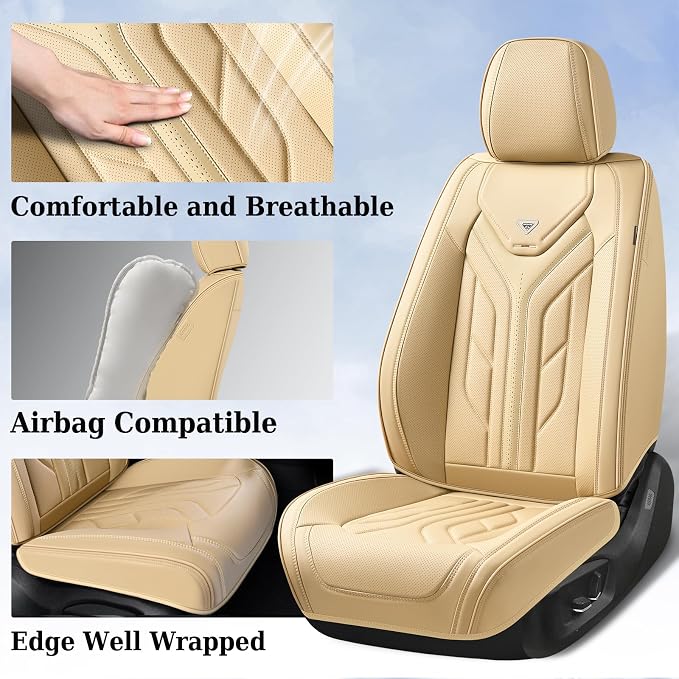 Coverado Seat Covers, Car Seat Covers Front Seats, Leather Seat Covers for Cars, Automotive Seat Covers Car Seat Protector Car Seat Cushion Universal Fit for Most Sedans SUV Pick-up Truck(Beige)