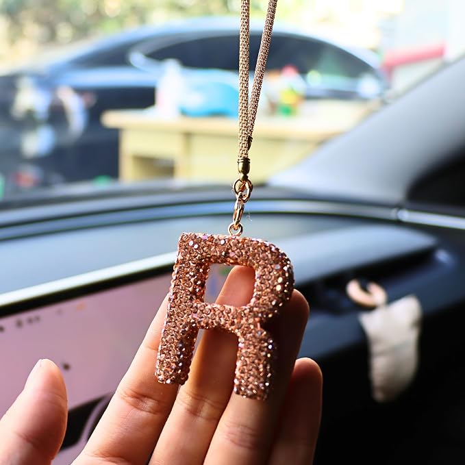 Bling Car Accessories for Women Letter Charm, Rainbow Crystal Rearview Mirror Pendant, Cute Diamond Rhinestone Car Decor, Lucky Gift for Women(R, Champagne Gold)
