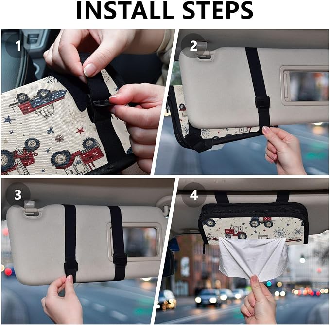 Car Visor Tissue Holder Mask Holder for Car, Car Tissue Box Sun Visor Napkin Holder Car Visor Accessories Adjustable Straps Reusable Durable Easy to Install Tractors July 4th Fireworks and St