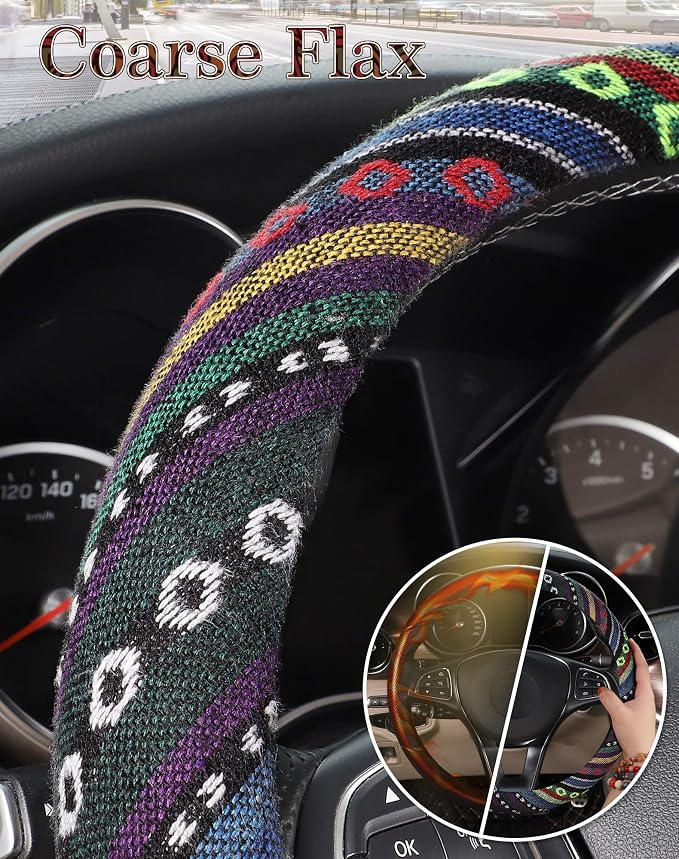 SEG Direct Boho Steering Wheel Cover, Baja Blanket Cloth, Coarse Flax | Bohemian Car Decor, Ethnic Style, Coarse Flax, Fabric Cover Fits 14 1/2-15 1/4 inches Standard Medium Size, for Women Men
