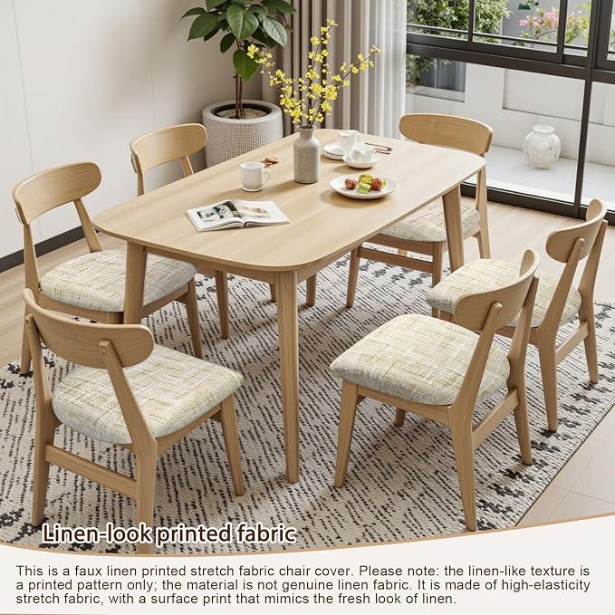 SearchI Seat Covers for Dining Room Chairs Stretch Printed Chair Seat Covers Set of 6, Removable Washable Upholstered Chair Seat Protector Cushion Slipcovers for Kitchen(Beige Linen-Look Print)
