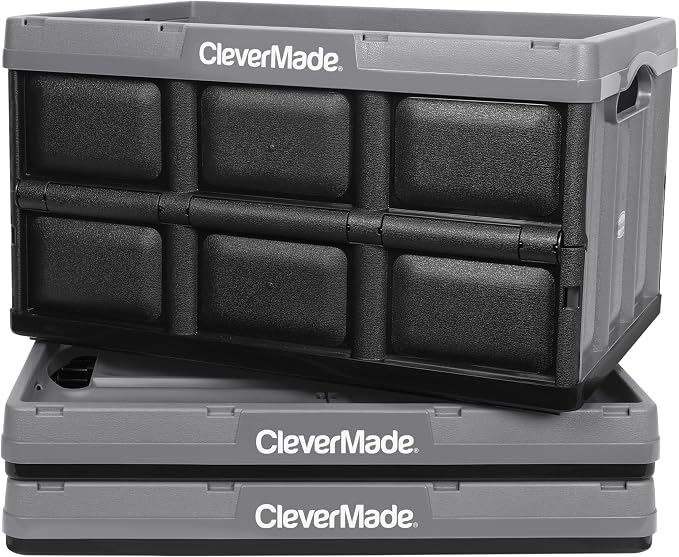 CleverMade Collapsible Plastic Storage Bins, 46L 3 Pack, Stacking, Stone | Built-in handles simplify garage, car and household organization, while the roomy open-top keeps bulky supplies accessible