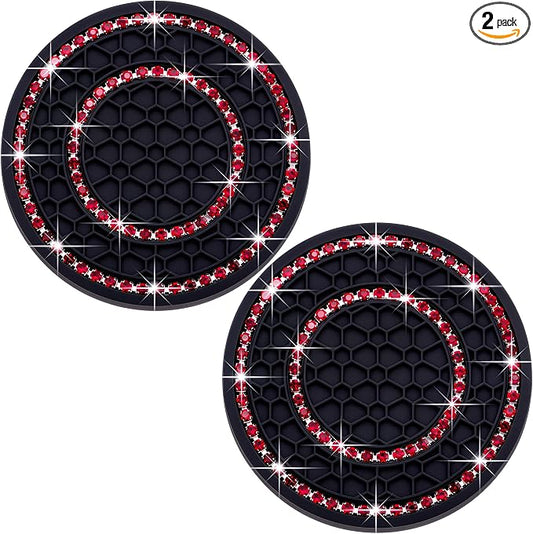 2PCS Bling Crystal Rhinestone Cup Holder Coaster, 2.75 inch Soft Silicone Anti-Slip Shockproof, Car Cup Holder Insert Coasters, Universal Car Interior Accessories for Women (Black & Red)