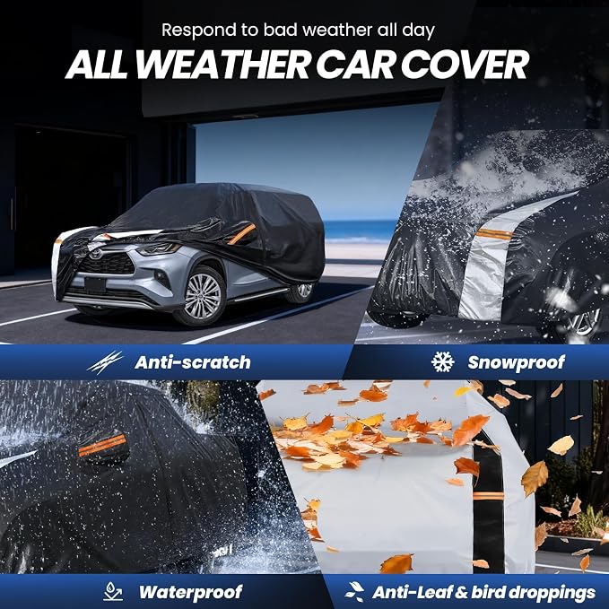 Multi-Layer Car Cover Custom Fit for Toyota Highlander(2001-2026), 100% Waterproof All Weather for Automobiles, Gift with Towel, Heavy Duty Car Covers for Rain Sun UV Protection with Door Zipper