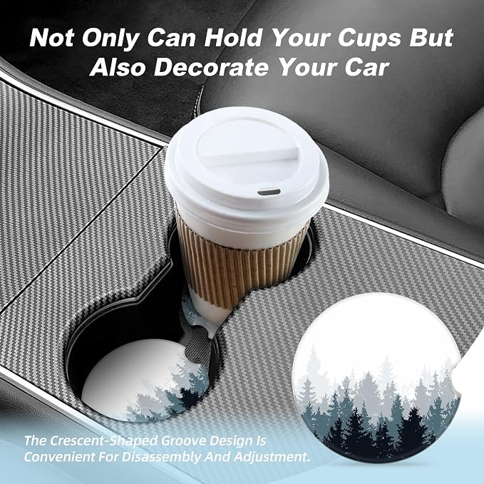 Forest Car Coasters for Cup Holders,2 Pack Car Cup Holder Coasters for Car,Ceramic Absorbent Car Coaster with A Finger Notch and Cork Base,Car Interior Accessories for Women Men