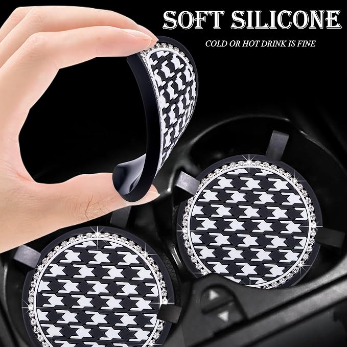 2PCS Sparkly Bling Car Cup Holder Inserts – 2.75 Inch Soft Silicone Coasters, Anti-Slip & Shockproof, Cute Vehicle Accessories for Women Girls (Houndstooth)
