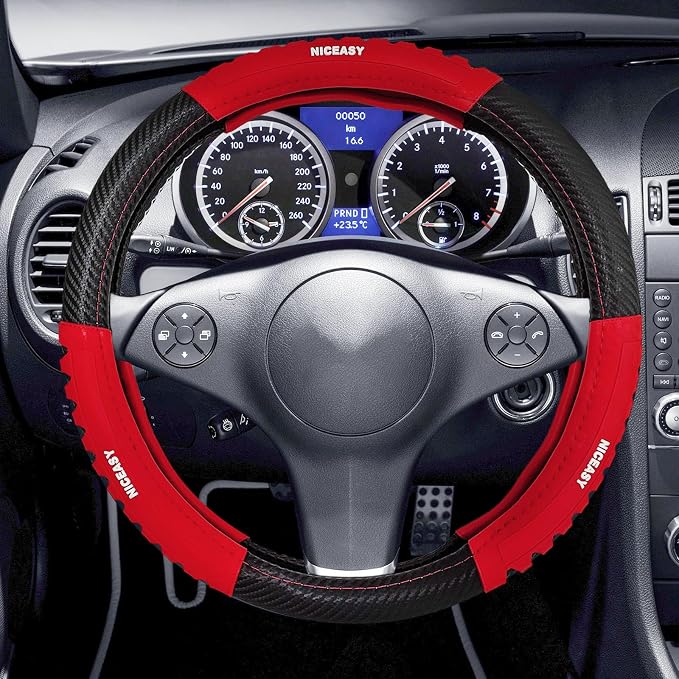 Sport Style Black Carbon-Fiber Steering Wheel Cover with Red Strip Grip Steering Wheel Accessory,Universal Fit 14.75-15 inch Steering Wheel
