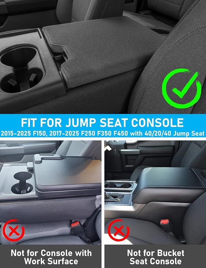 Sinvanho Center Console Cover for Ford F150 F250 F350 F450 F550 2015-2025 with 40/20/40 Jump Seat, PU Leather Middle Console Cover Armrest Seat Box Lid Protective Cover