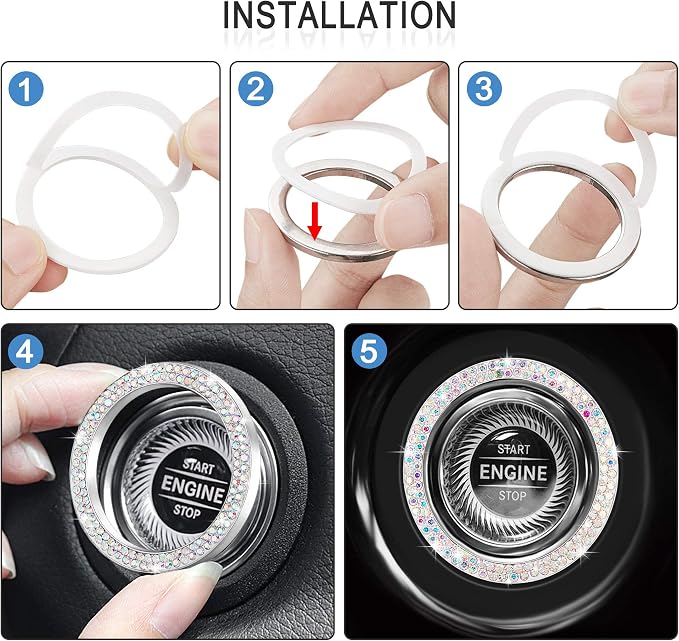 WINKA 2pcs Bling Car Engine Start Button Cover Diamond Crystal Push Start Stop Button Ring Sparkly Bling Ignition Button Cover Rhinestone Keyless Ignition Ring Universal Car Accessories (Colorful)