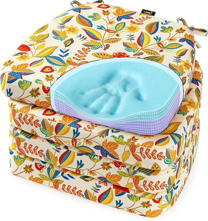 SUNROX Cooling Gel Memory Foam Chair Cushions, 2.6" Thick U-Shaped Dual-Layer Comfort Dining Chair Pads, Non Slip Seat Cushion with Ties for Indoor Kitchen Office 17"x16" Set of 4, Beige Floral Leaf