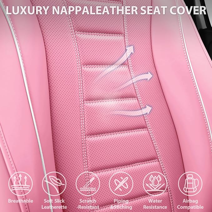CAR PASS Nappa Leather Car Seat Covers Full Set, Pink Seat Covers, 3D Foam | Luxury Waterproof Universal FIT Piping Leather Car seat Cover Full Set, 3D Foam Breath Perforated leather seat covers