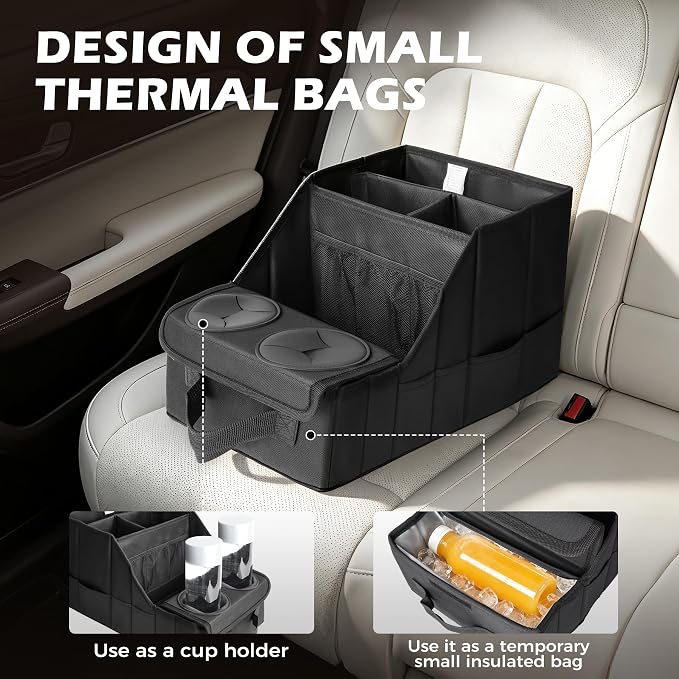 Car Seat Organizer with Cooler Compartment for Front & Rear Seats | 11 Storage Pockets, 2 Cup Holders, Durable Oxford Fabric, SUV & Truck Compatible, Ideal for Kids Family Road Trips