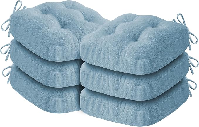 IASEAHK Chair Cushions for Dining Chairs, Dining Chair Cushions, Tufted Indoor Chair Pads with Ties & Non Slip Backing, Seat Cushions for Kitchen Chairs 16.5” x 16.5” x 3.5”, Set of 6, Light Blue