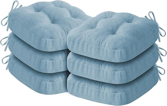 IASEAHK Chair Cushions for Dining Chairs, Dining Chair Cushions, Tufted Indoor Chair Pads with Ties & Non Slip Backing, Seat Cushions for Kitchen Chairs 16.5” x 16.5” x 3.5”, Set of 6, Light Blue