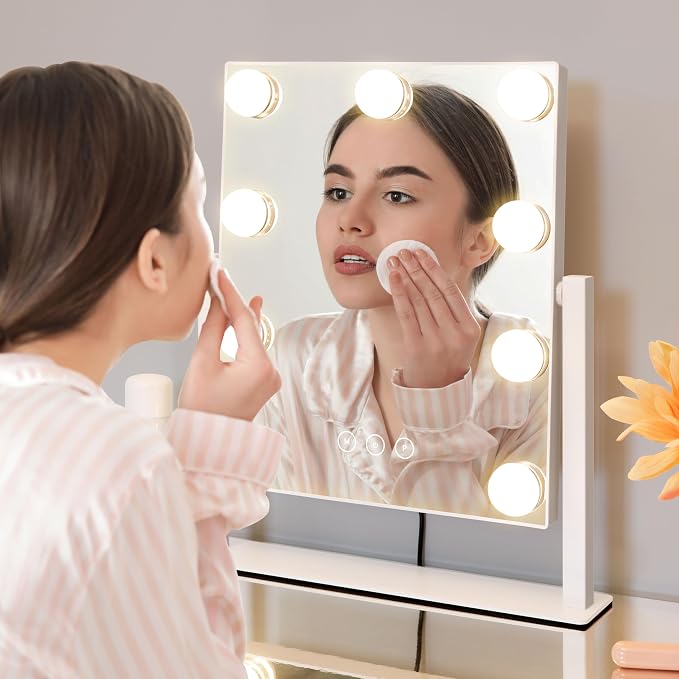 Kotdning Vanity Mirror with Lights,Lighted Vanity Mirror with 9 Dimmable Bulbs for Dressing Room & Bedroom,3 Color Lighting,Modes Detachable 10x Magnification 360°Ratation(White) 12" L x 14.4" W