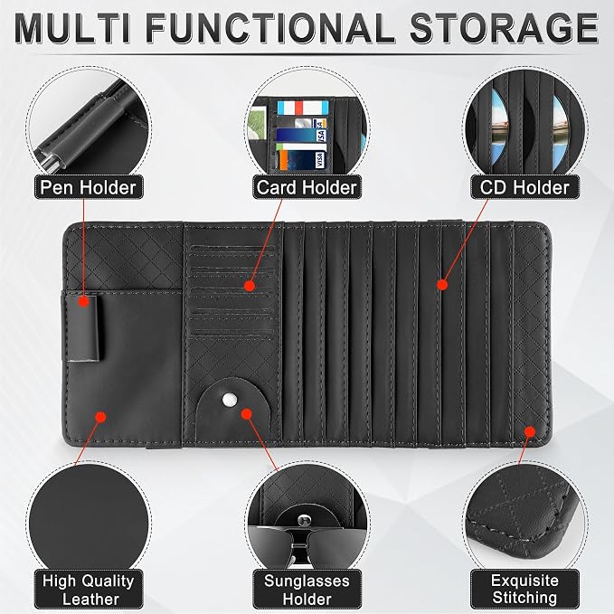 alpmosn Sun Visor CD Case Holder for Car - Multi-Function Visor Organizer with CD/DVD Storage, Eyeglass Clip, Card Slots & Pen Holder, Durable Leather Car Accessories (Black)
