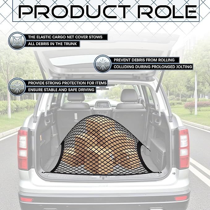 Elastic Cargo Net with Fixing Hooks D-Rings Luggage Cover for SUV Rear Trunk Bed Netting Cover ，Net Stretchable 32" x 24" Stretch to 63"x43"