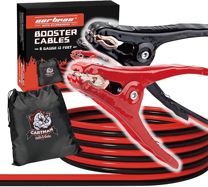 Cartman 8 Gauge 12 Feet Jumper Cable Heavy Duty Booster Cables with Carry Bag | Rubber-Insulated Safe-Grip Clamps, High-Density CCA Core, Flexible T-Prene Cable Jacket
