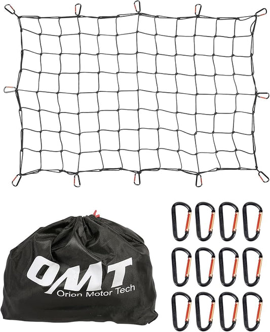 OMT 3x4ft Bungee Cargo Net, Stretches to 6x8ft for Truck Bed & Roof Rack | 4x4in Handmade Mesh; Premium Latex Rubber; Holds Up To 440lb; Includes 12 Aluminum Carabiners & Drawstring Bag; For SUVs