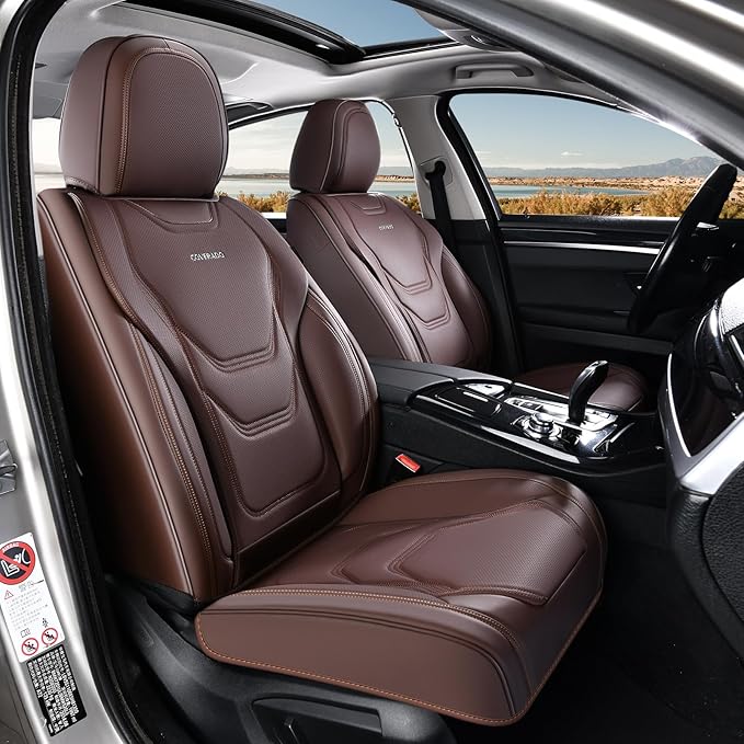 Coverado Car Seat Covers Front Seats, 2 Piece Car Seat Protector Waterproof Leather Seat Cushion Universal Fit for Truck Automotive Vehicles Brown