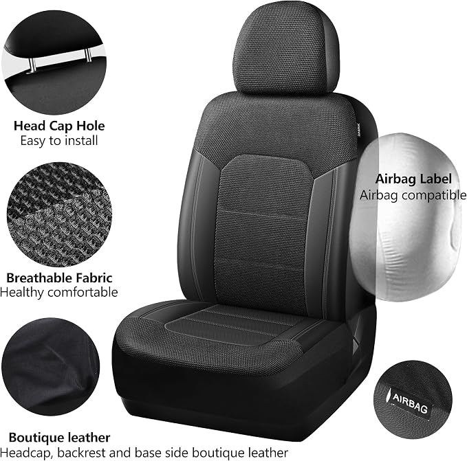 HChengkikz Front Car Seat Covers, Air Mesh, Breathable (Black) | Airbag Compatible, Automotive Comfort Protection, Universal Fit for Most Cars,Trucks,SUVs