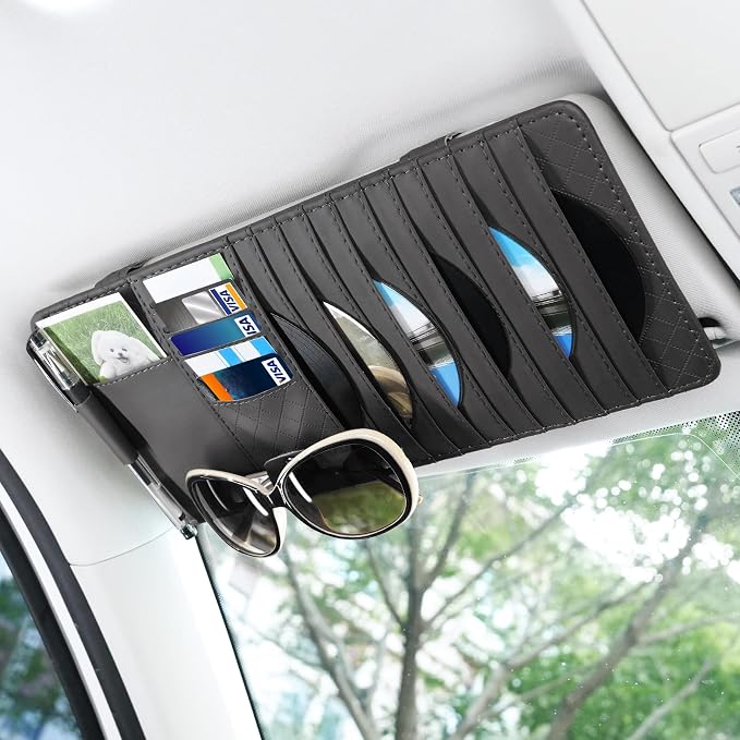 alpmosn Sun Visor CD Case Holder for Car - Multi-Function Visor Organizer with CD/DVD Storage, Eyeglass Clip, Card Slots & Pen Holder, Durable Leather Car Accessories (Black)