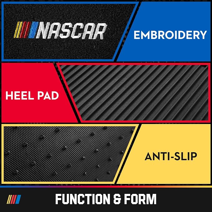 NASCAR Car Floor Mats, Carpet & Beige Leather Design Car Mats, Universal-Fit All-Weather Car Floor Mats with Built-in Heel Pad & Anti-Slip Backing, Durable Odorless Automotive Interior Accessories