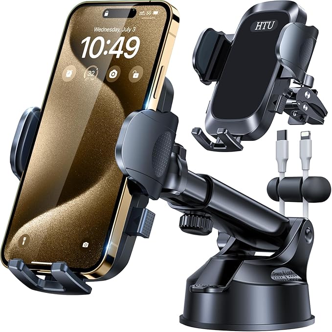 HTU 2026 Ultimate Best【True Military-Grade & Safety Cert】 Car Phone Holder | 【Upgraded 360 Rotation & 100LBS Strongest Suction】5-in-1 Truck Windshield Dashboard Vent Mount for iPhone Android, Deep Black