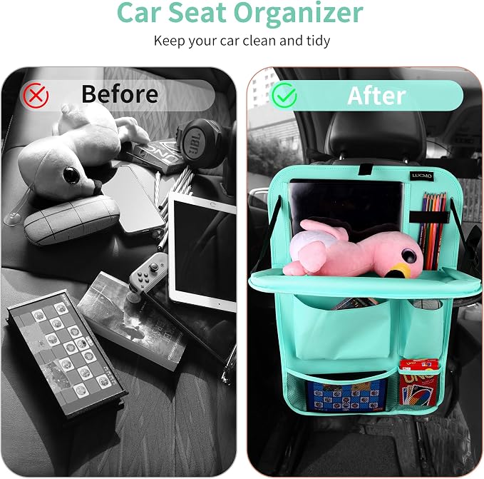 LUCMO Car Backseat Organizer with Foldable Tablet Holder, Light Blue | 2 Pcs,6 Storage Pockets,Foldable Food Tray,Protectors Kick Mats,Travel Accessories,Seat Cover,Road Trip Essentials