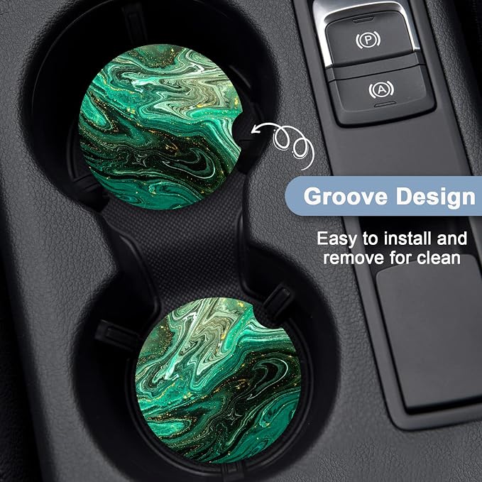 Nipichsha Car Coasters for Cup Holders, 2 Pack Absorbent Ceramic Car Cup Holder Coaster for Drinks, Cute Auto Assecories for Women Men, Size 2.56 in with Finger Notch & Cork Base, Green Gilt Marble