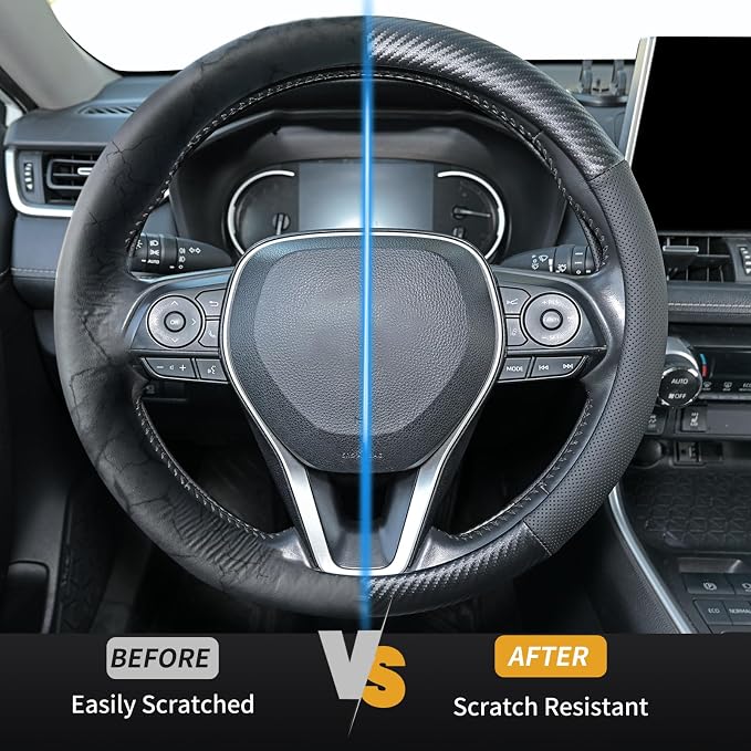 Uxcer Carbon Fiber Leather Steering Wheel Cover, Universal 14.5–15 Inch Non-Slip Breathable Steering Wheel Cover for Cars, Carbon Fiber