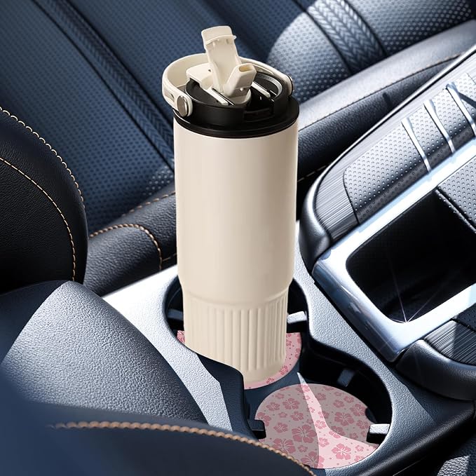 2 Pack Car Coasters for Cup Holders, Absorbent Ceramic Cup Coaster with Cork Base and Finger Notch, Cute Car Accessories Interior for Women Men