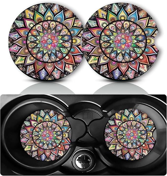 2Pcs Boho Mandala Car Coasters,2.75" Neoprene Cars Cup Holder Coasters | Universal Non‑Slip Mat, Drink Coaster Decor Auto Accessories Mandalas Gifts for Women,Men,Mom
