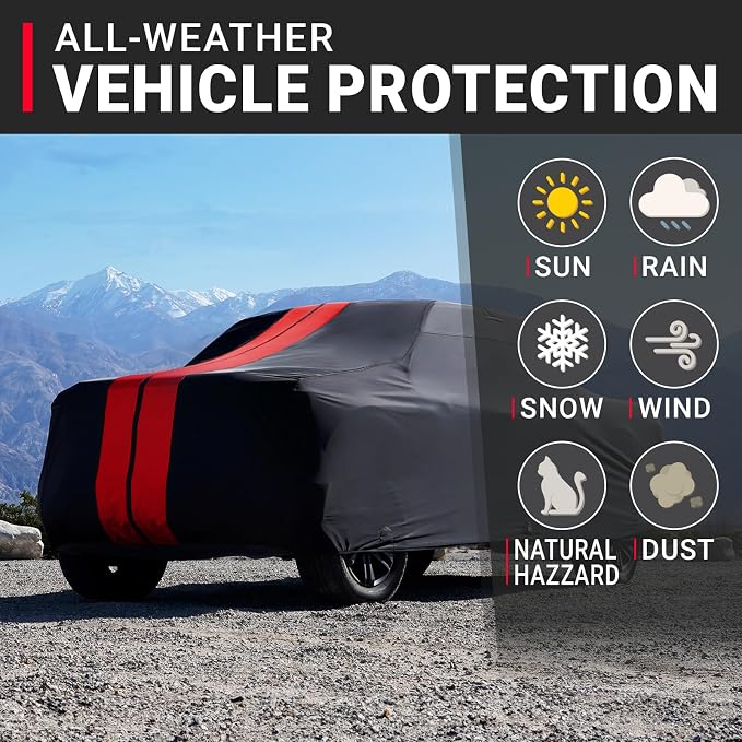 iCarCover Premium Plus Truck Cover Waterproof All Weather Rain Snow UV Sun Protection, F-150 Extended Cab, F-250, F-350 Crew Cab, Extended Cab, Size T87 (See Size Chart) Stripe - Black/Red