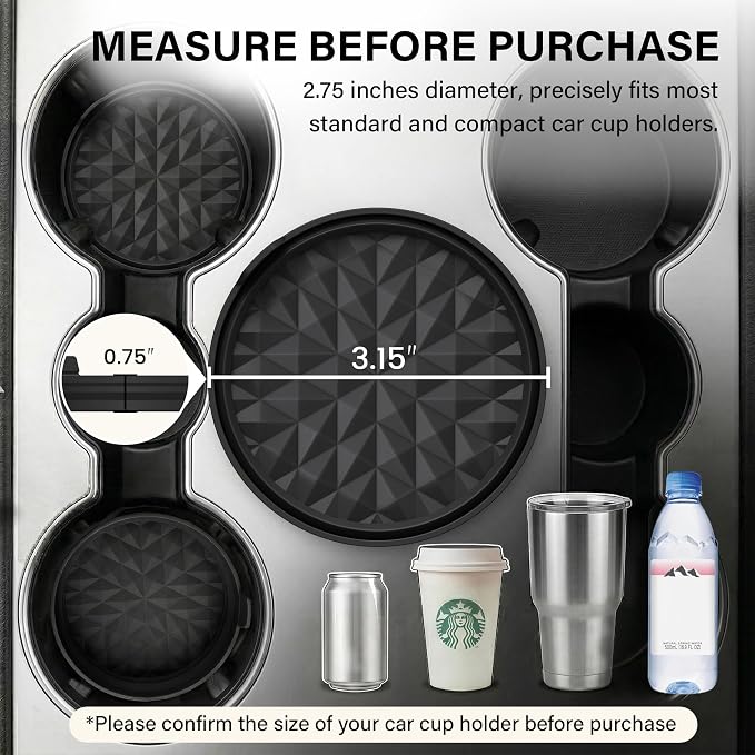 Car Coasters 3.15in[4 Pack] Car Accessories Fit for SUV and Trucks Silicone Mats Non-Slip, Car Cup Holders Insert Coasters, Car Interior Accessories, Decor, Gift Black