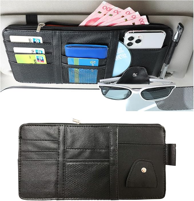 Ohleats Car Sun Visor Organizer, Multifunctional Visor Storage Holder for License Pen Key, Leather Card Cash Pouch with Multi-Pocket Net Zipper, Universal Interior Car Accessories (Black)