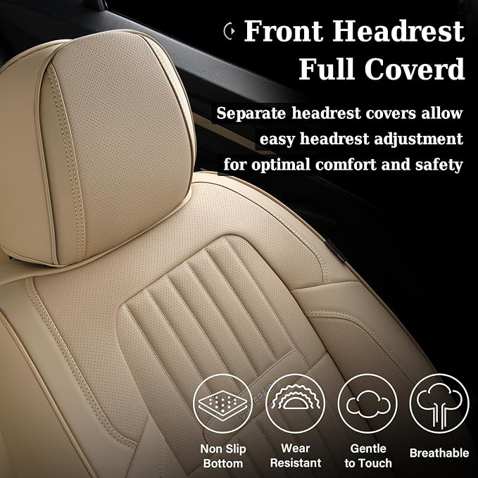 Coverado Car Seat Covers Front Seats, Car Seat Cover Beige, 2-Pack Car Seat Cushion Nappa Leather, Car Seat Protector, Waterproof Seat Covers Carseat Cover Universal Fit for Most Cars Trucks