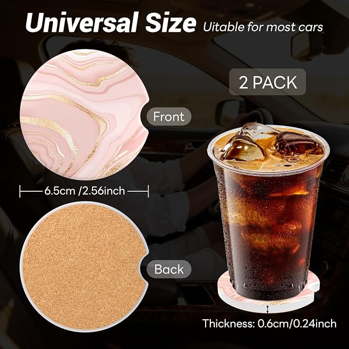 Car Cup Holder Ceramic Coasters 2 Pack, 2.56 in Anti Slip Absorbent Coaster with Cork Base and Finger Notch, Funny Cute Car Accessories Interior for Women, Light Pink Stone