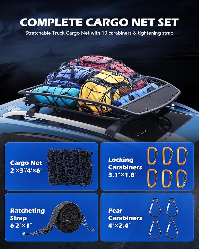 OMT 2x3ft Flat Webbing Cargo Net for Roof Rack & SUV Basket, 2x2in Mesh | 10 Aluminum Carabiners; Premium Polypropylene; Includes Ratchet Strap & Pouch; Anti-Tangling; Weather Resistant Construction