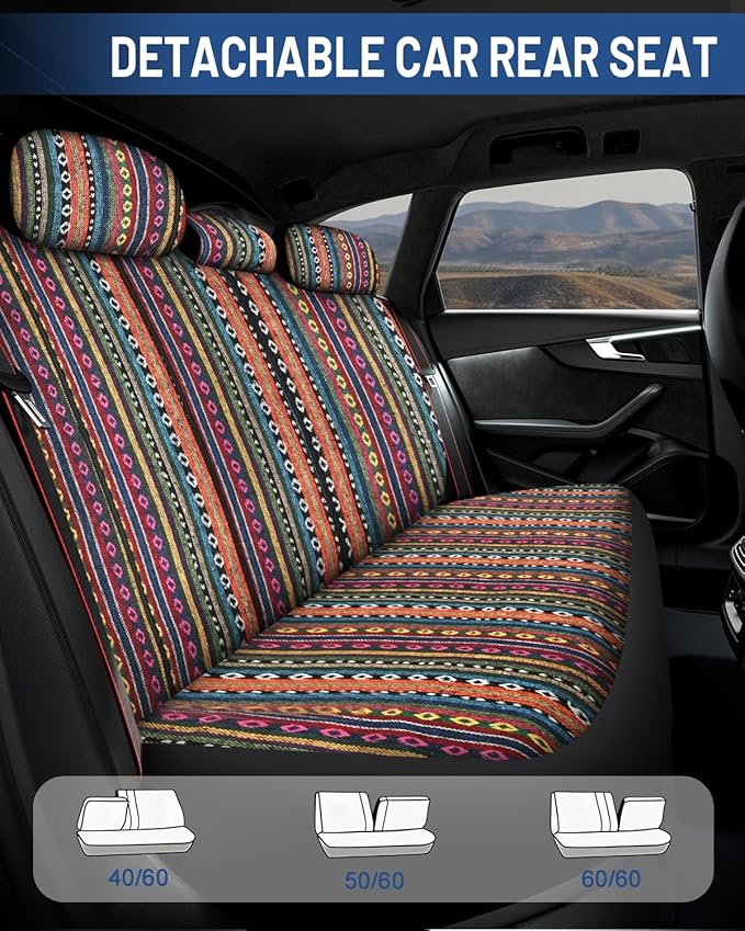 Baja Saddle Blanket Car Seat Covers Full Set with Seat Belt Pads and Steering Wheel Cover, Washable Breathable Striped Woven Cloth Seat Covers for Cars, SUV, Truck, Large Size(Orange)