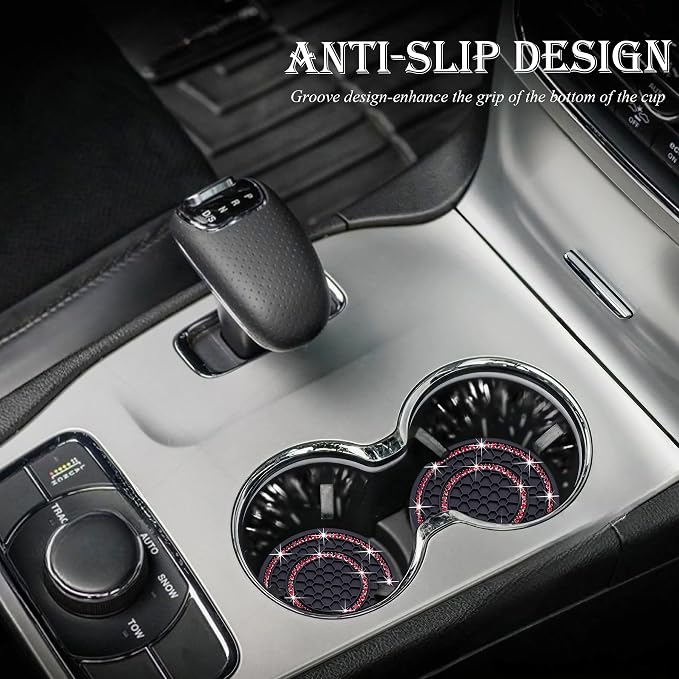 4PCS Bling Crystal Rhinestone Cup Holder Coaster, 2.75 inch Soft Silicone Anti-Slip Shockproof, Car Cup Holder Insert Coasters, Universal Car Interior Accessories for Women (Black & Red)