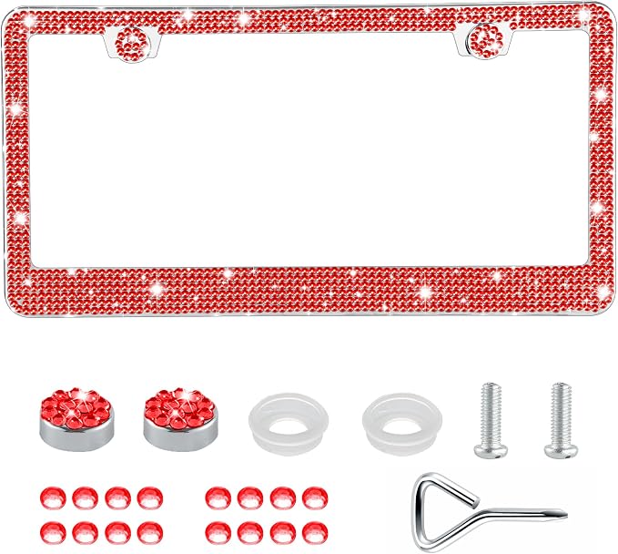 GaRhomxy Bling License Plate Frames for Women, 1 Pack Handcrafted Sparkly Rhinestone Car Accessories, Premium Stainless Steel Frame with 1000+ Faceted Glass Crystals & Free Glitter Caps (Red)