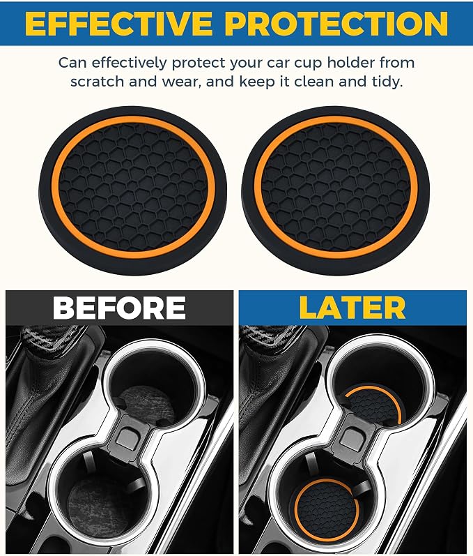 4PCS Car Coasters, Car Accessories Interior, 2.75 Inch Non-Slip Cup Holder Coasters, Black&Orange