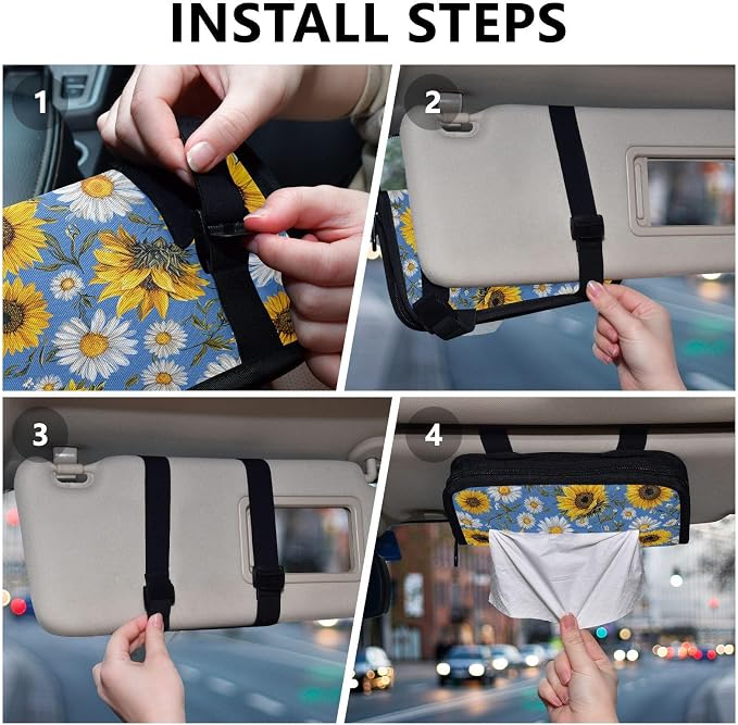 Car Visor Tissue Holder Mask Holder for Car, Car Tissue Box Sun Visor Napkin Holder Car Visor Accessories Adjustable Straps Reusable Durable Easy to Install Sunflower Daisy Leaves Blue