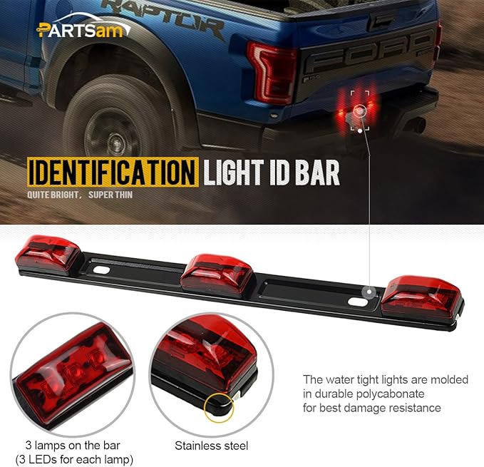 Partsam Red Clearance ID BAR Marker Light 3 Light 9 LED Trailer Sealed Stainless Steel, [DOT Approved] Sealed 3-Light Truck and Trailer Identification LED Light Bar Red Led Strip w/Black Base