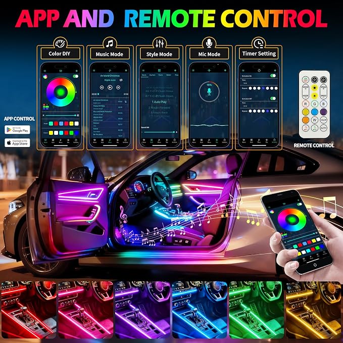 DREAMOTOR Dreamcolor Acrylic Interior Car LED Strip Lights with APP&Remote Control RGB 10 in 1 Ambient Lighting Kits Fiber Optic Strip LEDs Music Sync Car Neon Lights for Cars,SUVs,Trucks
