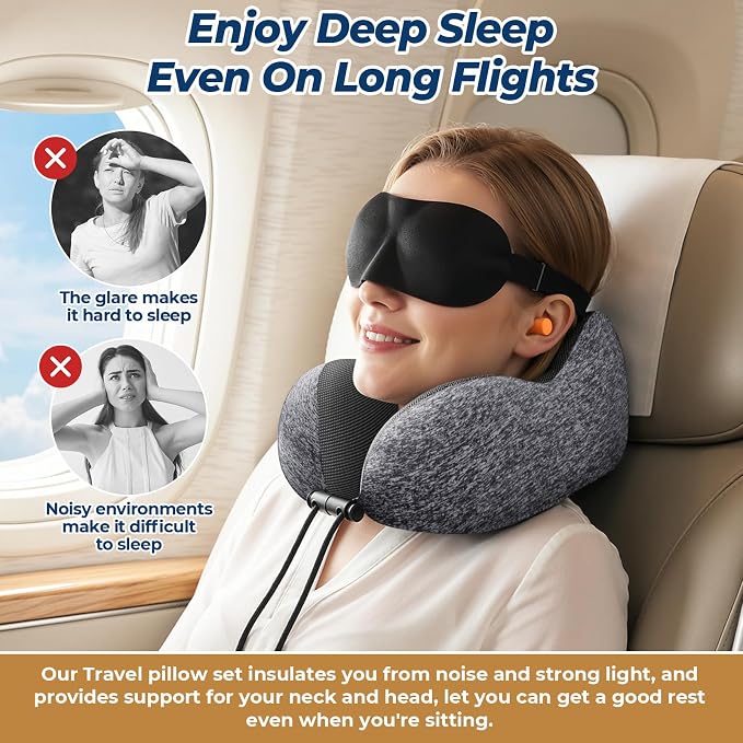 ExploreBliss Travel Pillow, 2 Pack Travel Pillows for Sleeping Airplane, Removable Cover Neck Pillow with Adjustable Clasp, Memory Foam Neck Pillow Set (Dark Grey & Black)