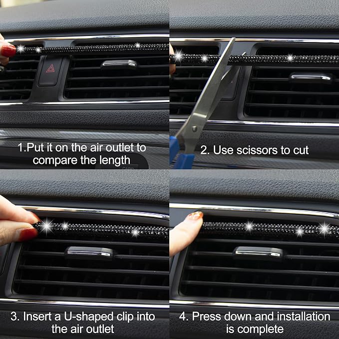 LivTee Bling Car Air Vent Outlet Moulding Trim, 10PCS Car Air Conditioner Decoration Strip, Bling Rhinestone Diamond Car Interior Accessories for Women and Teens, Black